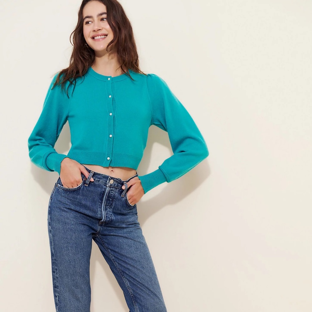 FREE PEOPLE Pearl Cashmere Cardigan SALE Sweater Turquoise Pearl Puff NWT sz XS